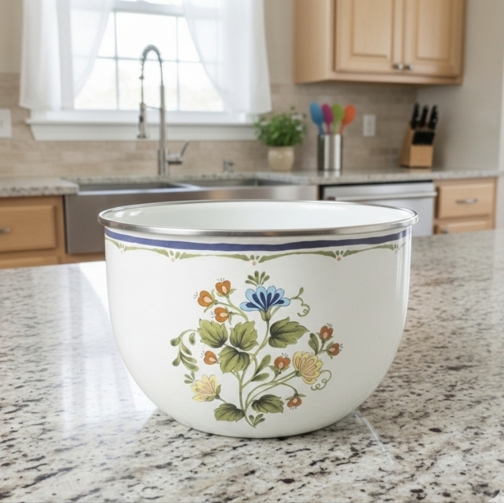 Vintage Floral Enamelware Mixing Bowl